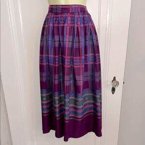 Vintage 80s Chaus Purple, Pink & Green Plaid Pleated Midi Full Rayon Skirt
